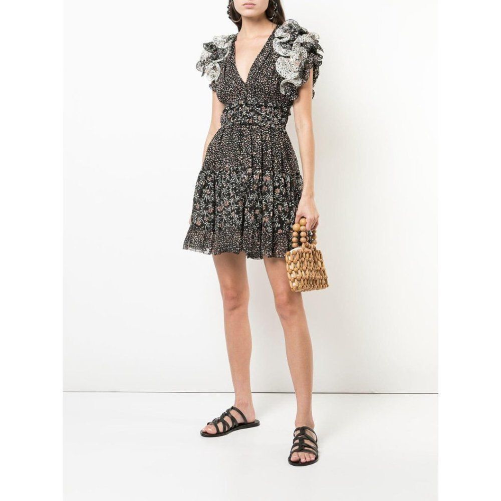 Ulla Johnson Ivy Silk Ruffle Sleeve Floral V-Neck Mini Dress